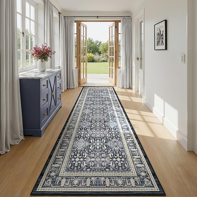 Washable Runner Rug 3x10, Transitional Moroccan Floral Trellis Hallway Runner for Kitchen Floor Non Slip, Low Pile Thin Long Carpet Runner for Entryway Corridor Mudroom Foyer, Dark Blue