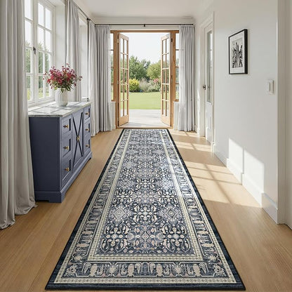 Washable Runner Rug 3x10, Transitional Moroccan Floral Trellis Hallway Runner for Kitchen Floor Non Slip, Low Pile Thin Long Carpet Runner for Entryway Corridor Mudroom Foyer, Dark Blue
