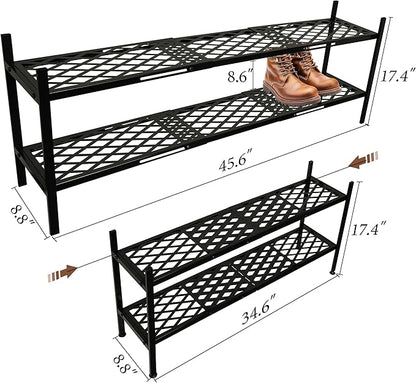 Shoe Rack For Closet, Expandable Shoes Organizer Metal Shelf Stand, 2 Tier Stackable Long Shoe Storage Holder For Floor, Entryway, Garage, Bedroom, Door Entrance For 12-18 Pairs, 45.6 inches Black