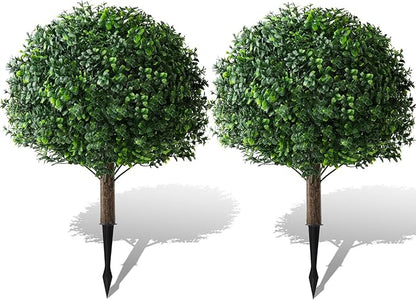 Faux Boxwood Balls for Outdoor Planters Topiary Set of 2,UV Resistant Artificial Shrub Bushes Trees with Spike for Porch,Indoor,Garden