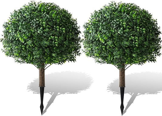 Faux Boxwood Balls for Outdoor Planters Topiary Set of 2,UV Resistant Artificial Shrub Bushes Trees with Spike for Porch,Indoor,Garden