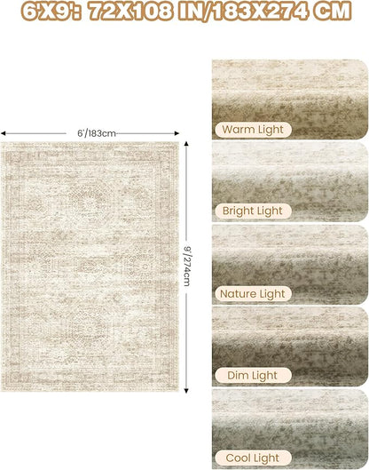 6x9 Rug for Living Room,Soft Low Pile Indoor Washable Rugs for Bedroom, Non-Slip Backing Vintage Large Area Rug, Printed Abstract Carpet(6'x9', Beige/Ivory)