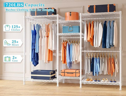 Raybee Clothes Rack Heavy Duty Clothing Racks for Hanging Clothes Adjustable Hanging Clothes Rack Garment Rack, White, 13.9" D x 70.6" W x 77" H