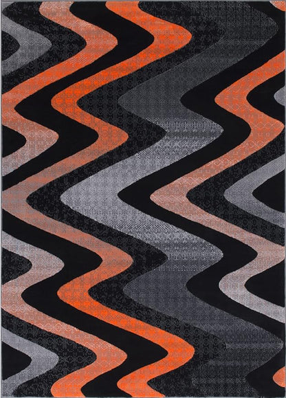 Allstar 8x10 Grey and Gainsboro Grey Modern and Contemporary Rectangular Accent Rug with Orange and Charcoal Grey Wavy Zigzag Design (7' 9" x 9' 8")