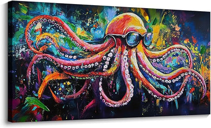 JEAWA Octopus Canvas Wall Art, Abstract Marine Life Modern Graffiti Texture Wall Painting for Living Room Bathroom Bedroom Men Teenage Boy Room Game Room Cool Posters Pictures Decor 20x40 IN
