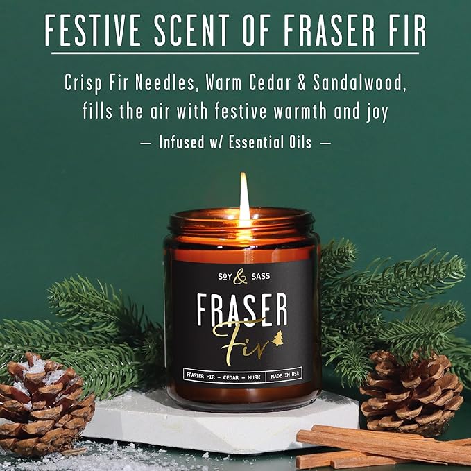 Fraser Fir Candles - Christmas Candles - 'Fraser Fir' w/Balsam Fir Cedar & Sandalwood Evergreen Tree Scent I Winter Evergreen Candle I Stocking Stuffers for Women I 9oz, 50Hr, USA Made