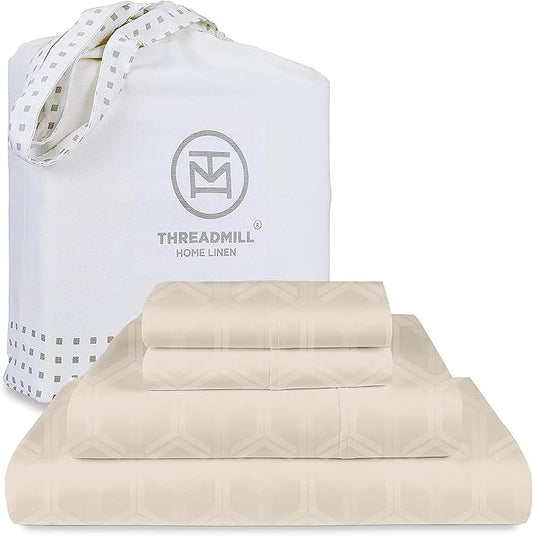 Threadmill 100% Cotton Sheets for Queen Size Bed - 600 Thread Count Queen Bed Sheets Set with 16” Deep Pocket - Jacquard Sateen Weave 4-Piece Bedding Set with Cooling Effect, Beige