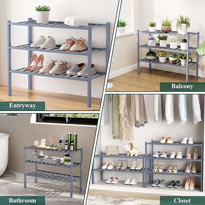 Smiry Shoe Rack, 3 Tier Small Bamboo Shoe Organizer, Stackable Free Standing Wooden Shoe Storage Shelf for Closet, Entryway, Front Door Entrance, Grey