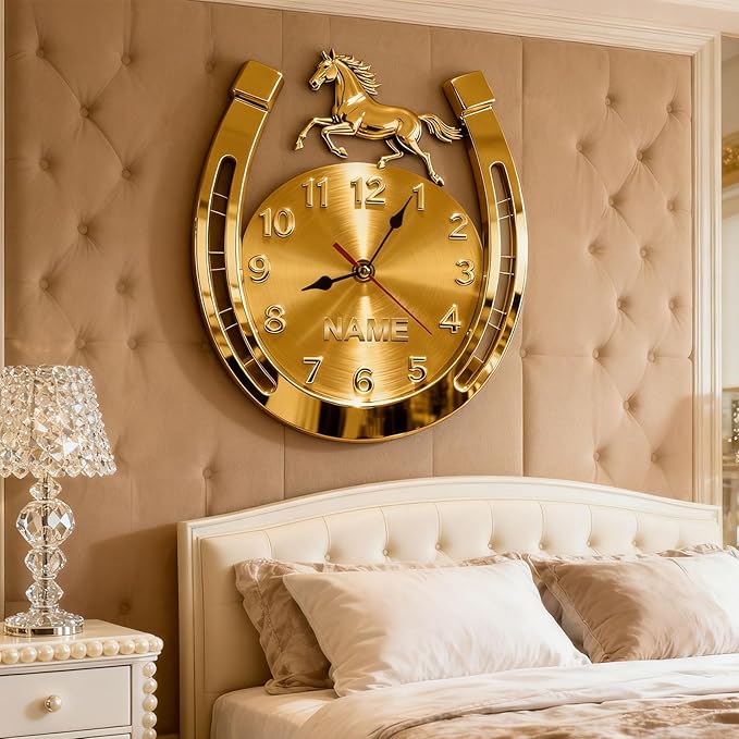 Personalized Horseshoe Name Wall Clock for Horse Lovers 2D Acrylic Printing Custom Name Clock Decorative Wall Clocks Suitable for Reception Rooms Conference Rooms Offices (Golden Horseshoe)