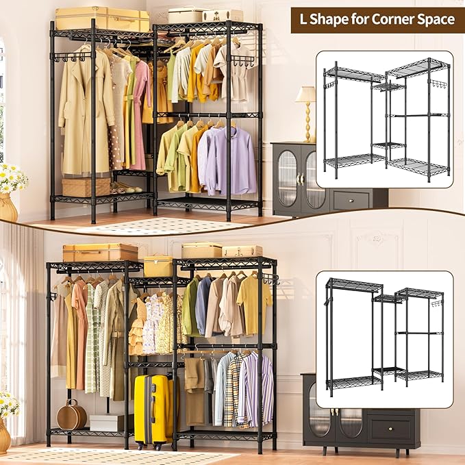 Heavy Duty Garment Rack Clothes Rack,Large Metal Closet Organizer System Storage Wardrobe,Freestanding Clothing Rack with 7 Adjustable Wire Shelves&2 Hang Rods,MaxLoad 1000lbs
