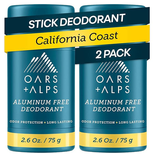 Oars + Alps Aluminum Free Deodorant for Men and Women, Dermatologist Tested and Made with Clean Ingredients, Travel Size, California Coast, 2 Pack, 2.6 Oz Each