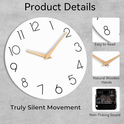 Wall Clock, 10 Inch Wooden Silent Non-Ticking, Decorative Battery Operated Wall Clocks for Bedroom, Kitchen, Home, Living Room, Office, School, Hotel (White)