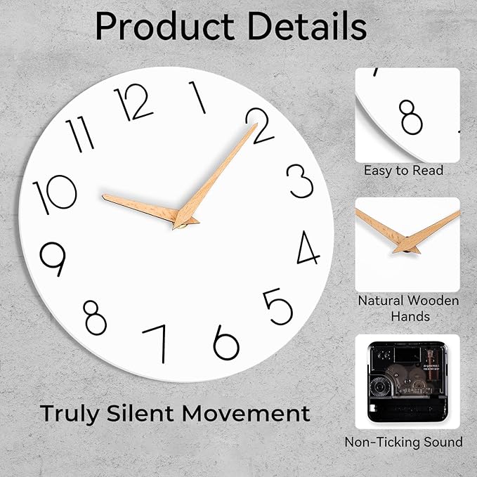 Wall Clock, 14 Inch Wooden Silent Non-Ticking, Decorative Battery Operated Wall Clocks for Bedroom, Kitchen, Home, Living Room, Office, School, Hotel (White)