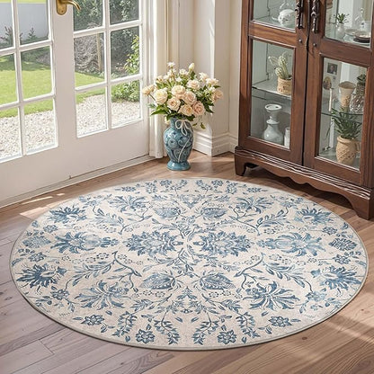 jinchan Classic Floral Round Rug 5ft, Vintage-Inspired Design 5’Circle Rug, Machine Washable Ultra-Thin Low-Pile Non-Slip Indoor Carpet for Bedroom Dining Room Living Room Entryway, Dark Blue