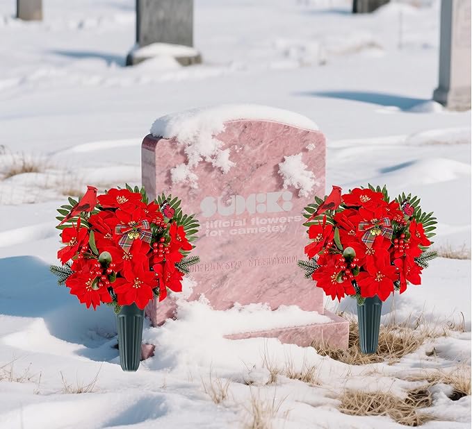 Christmas Cemetery Flowers for Grave Decoration， Christmas Red Poinsettias Berry Bouquet with Cemetery Ground Vase,2 Butterflies Including