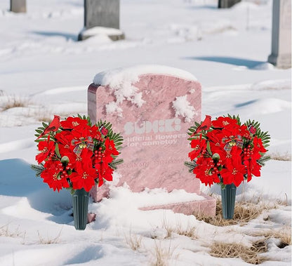 Christmas Cemetery Flowers for Grave Decoration， Christmas Red Poinsettias Berry Bouquet with Cemetery Ground Vase,2 Butterflies Including