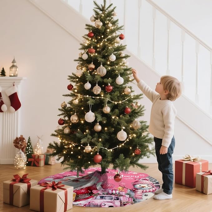 Pink Christmas Tree Skirt Santa Snowflaks Truck Christmas Decorations Xmas House Decor Winter Holiday Party Xmas Tree Skirt 36 inches