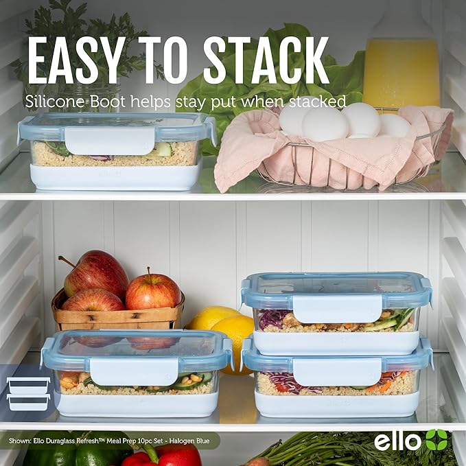 Ello Duraglass 3.4 Cup Meal Prep Sets 10Pc, 5 Pack Set- Glass Food Storage Container with Silicone Boot and Airtight BPA-Free Plastic Lids, Dishwasher, Microwave, and Freezer Safe, Garden Goals
