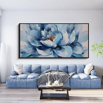 XLSJERST Large Flower Canvas Wall Art for Living Room - Blue and White Flower Picture Print Painting Wall Decor Framed Artwork Ready to Hang for Home Bedroom Wall Decoration Size 58x29