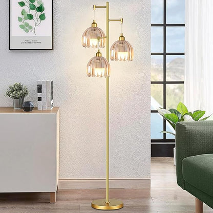 Gold Floor Lamps for Living Room Bedroom-3 Light Glass Floor Lamp with Three Led Bulb, Rustic Tall Floor Lamp Gold Standing Lamp Tree Floor Lamps for Living Room Bedroom,Office,Corner