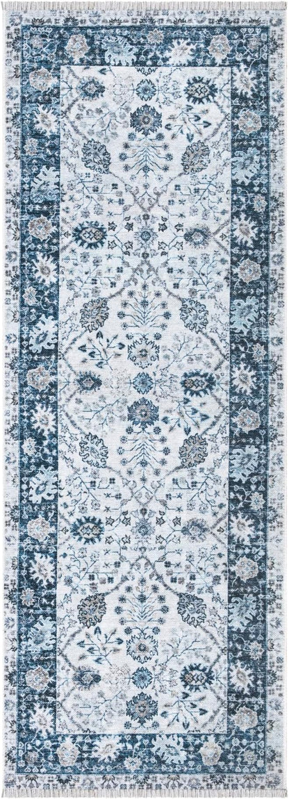 Bloom Rugs Caria Washable Non-Slip 12 ft Runner - Navy Blue Traditional Bordered Runner for Entryway, Hallway, Bathroom, and Kitchen - Exact Size: 2'6" x 12'