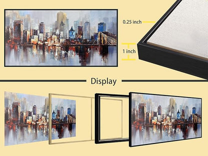 Arjun Brooklyn Bridge Wall Art Modern New York Abstract Canvas Cityscape Painting NYC Skyline Textured Picture for Living Room Bedroom Home Office Wall Decor Extra Large Size Black Wood Framed 58"x29"