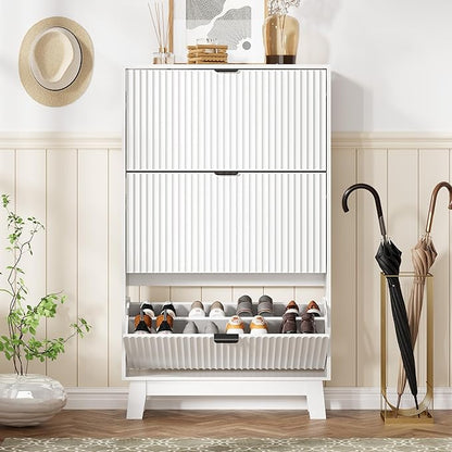 Shoe Cabinet Storage for Entryway with 3 Flip Drawers, Fluted Narrow Shoe Organizer with Wooden Legs, Freestanding Slim Shoe Storage Hidden Shoe Rack Organizer for Front Door Entrance, Hallway, White