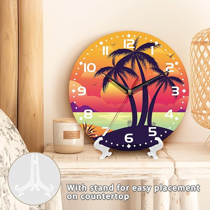 Palm Tree Sunset Art Wall Clock Vintage Wooden Wall Clock Silent Non-Ticking Battery Operated Arabic Numerals Wall Clocks Decorative for Kitchen, Office, Classroom 10 Inch