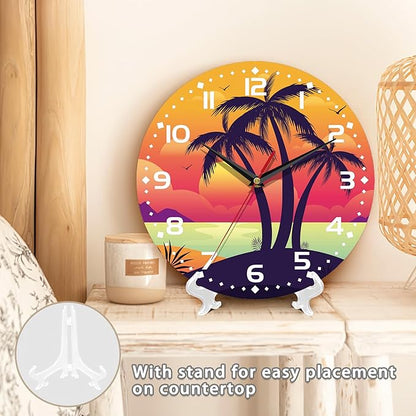 Palm Tree Sunset Art Wall Clock Vintage Wooden Wall Clock Silent Non-Ticking Battery Operated Arabic Numerals Wall Clocks Decorative for Kitchen, Office, Classroom 10 Inch