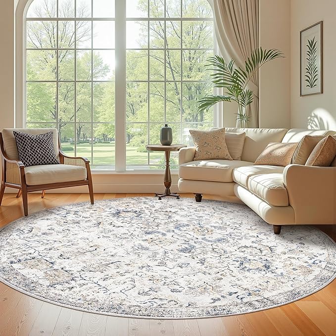 jinchan Round Rug 8ft Area Rug Washable Vintage Indoor Retro Accent Floor Cover Distressed Floral 8' Round Circle Boho Non Slip Thin Carpet for Living Room Dining Room Bedroom Kitchen Blue