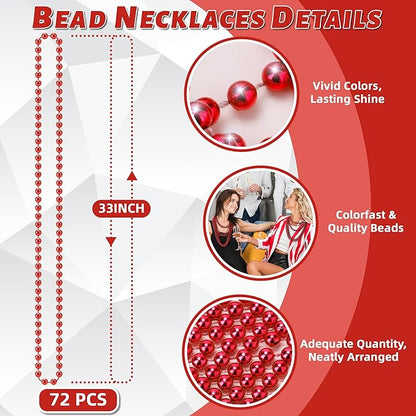 YAXINRUI 72 PCS Red Bead Necklace, Red Mardi Gras Beads Christmas Necklaces, 33 Inch Round Valentine Beaded Necklaces for Mardi Gras Christmas Valentine Festive Events, Party Favors