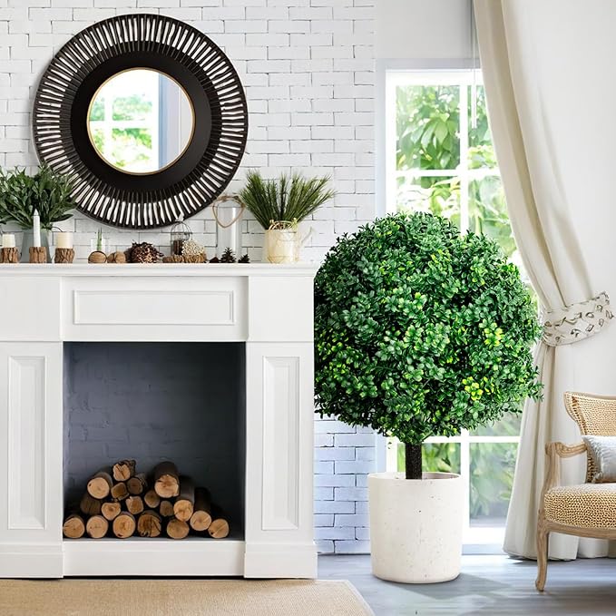 27.6''H Artificial Boxwood Ball Tree 2 Pack, UV Resistance Rated with Spike, Easy to Install, Fake Outdoor Plant for Front Door Decor, Home Decor, Garden, Wedding Decor