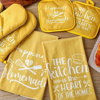 Sratte 6 Pcs Kitchen Decor Accessories Set Farmhouse Towels Pot Holders Oven Mitts Set 2 Dish Towels 2 Potholders 2 Cooking Mittens Oven Glove for Christmas Baking Cooking Supply(Yellow,Kitchen)