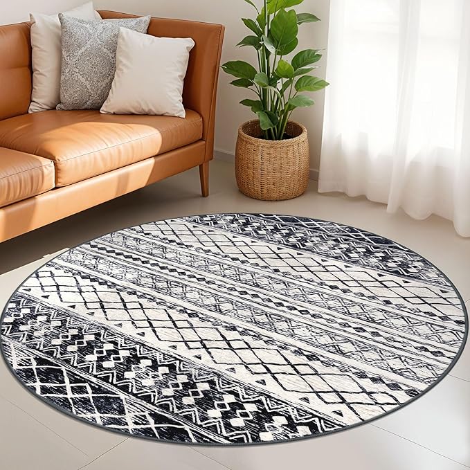 KUTA Washable Rugs Round 5Ft Black Navy Blue Boho Area Rug for Living Room, Moroccan Non-Slip Soft Geometric Circle Carpet for Bedroom Low-Pile Nursery Dorm Décor Throw