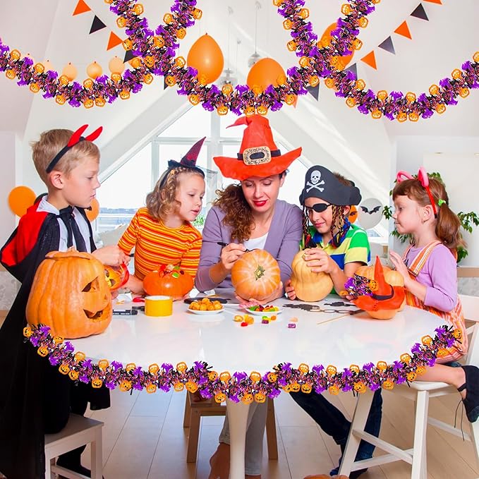 33FT Halloween Tinsel Garland with Orange Pumpkin Purple Bat Ornament, Shiny Metallic Twist Garland Outdoor Indoor Halloween Decorations for Home Table Office Classroom Fireplace Party Decor
