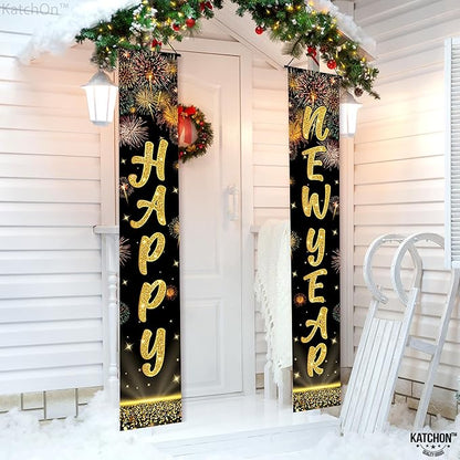 KatchOn, XtraLarge Happy New Year Banner 2026-72x12 Inch | Happy New Year Door Banner for Black and Gold New Years Decorations 2026 | Front Porch Sign, New Years Eve Party Supplies 2026 | NYE Decor