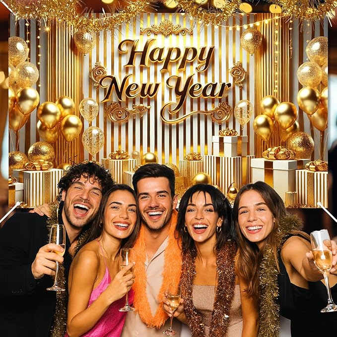 Happy New Year Banner 2026 71 x 43 Inch Gold New Year Party Decoration Photo Backdrop for Celebration Holiday Party Decor Wall Hanging Indoor Outdoor Event