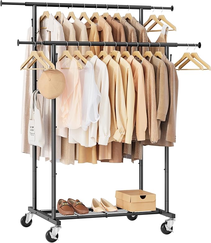 Double Rod Garment Rack with Wheels, Heavy Duty Rolling Clothes Rack For Hanging Clothes, Portable Metal Clothing Rack with Shelves,Black, 64.2inch Chrome