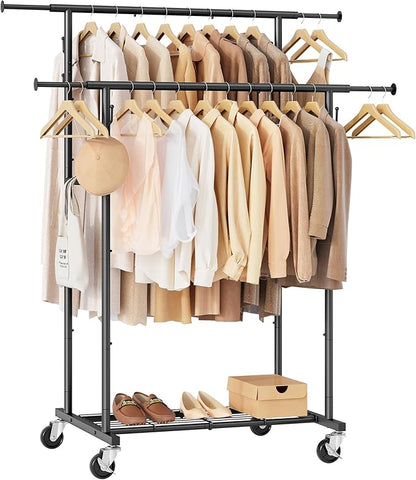 Double Rod Garment Rack with Wheels, Heavy Duty Rolling Clothes Rack For Hanging Clothes, Portable Metal Clothing Rack with Shelves,Black, 64.2inch Chrome