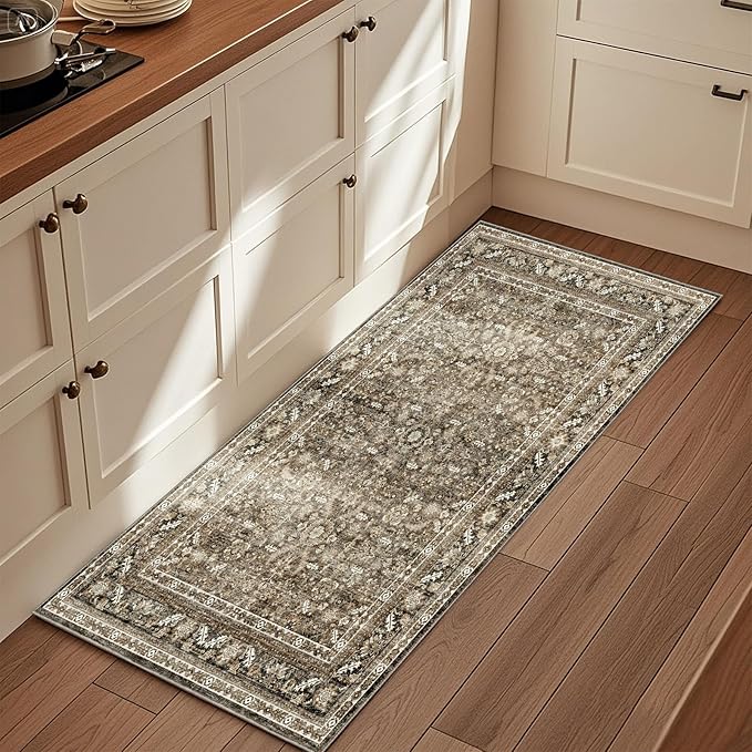 OPPODREAM Thin Vintage Brown 2x6 Runner Rug, 2 x 6 Retro Washable Rug Non Slip, Low-Pile Faux Wool Carpet, Distressed Floor Mat for Kitchen, Hallway, Entry-Way, Entrance, Indoor Back Door