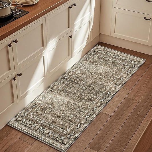 OPPODREAM Thin Vintage Brown 2x6 Runner Rug, 2 x 6 Retro Washable Rug Non Slip, Low-Pile Faux Wool Carpet, Distressed Floor Mat for Kitchen, Hallway, Entry-Way, Entrance, Indoor Back Door