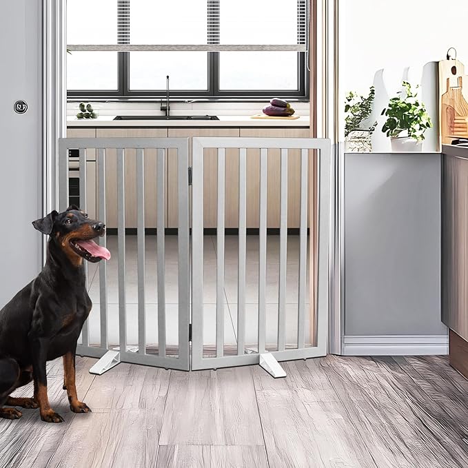 Dog Gate Indoor, Freestanding Dog Fence for The House, Doorways, Hallways,or Stairs,Pet Gate Foldable Wooden,Expandable 32" Height 2 Panels,Grey