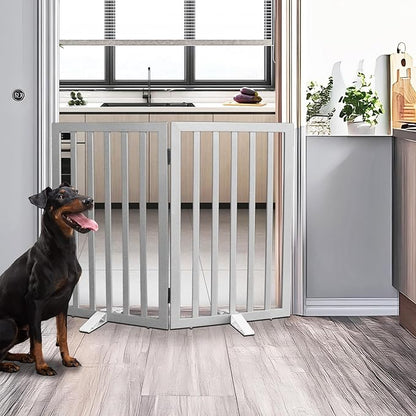 Dog Gate Indoor, Freestanding Dog Fence for The House, Doorways, Hallways,or Stairs,Pet Gate Foldable Wooden,Expandable 32" Height 2 Panels,Grey
