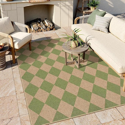 Lahome Checkered Washable Rugs 5x7, Green Area Rug Neutral Large Outdoor Patio Living Room Rug, Farmhouse Non Slip Non Shedding Floor Carpet for Courtyard Camping