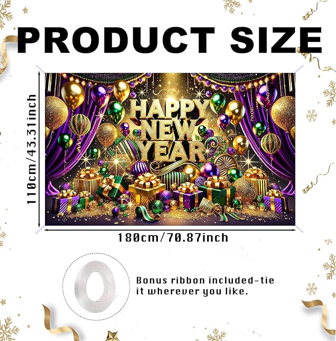 Nuxovilar Happy New Year Banner, Purple Drape Golden Ornaments Backdrop for Party Decorations, 71x43 Inch