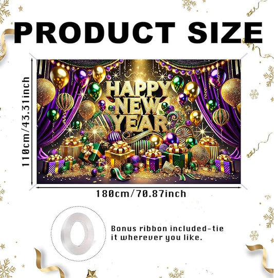 Nuxovilar Happy New Year Banner, Purple Drape Golden Ornaments Backdrop for Party Decorations, 71x43 Inch