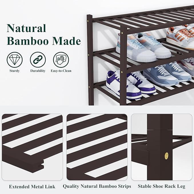 Smiry Shoe Rack, 5 Tier Thick Bamboo Shoe Organizer, Stackable Free Standing Wooden Shoe Storage Shelf for Closet, Entryway, Front Door Entrance, Brown
