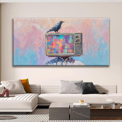 Large Wall Art For Living Room Decor Abstract Crow And Tv Head Art Prints Ready To Hang Room Wall Decor Canvas Wall Art For Office Bedroom Kitchen 29x58 Inch