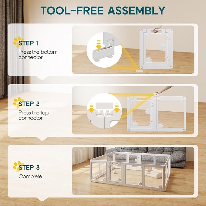 Albott Acrylic Clear Dog Playpen Indoor, Modular Puppy Cat Small Pet Play Pen with 2 Doors, Transparent Fence for Little Dogs, Cats, Rabbits, Easy Assemble and Disassemble, White (24" H, 14 pcs)