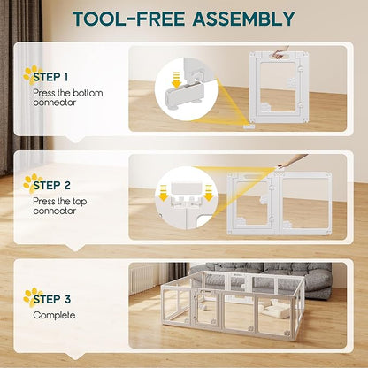 Albott Acrylic Clear Dog Playpen Indoor, Modular Puppy Cat Small Pet Play Pen with 2 Doors, Transparent Fence for Little Dogs, Cats, Rabbits, Easy Assemble and Disassemble, White (24" H, 14 pcs)